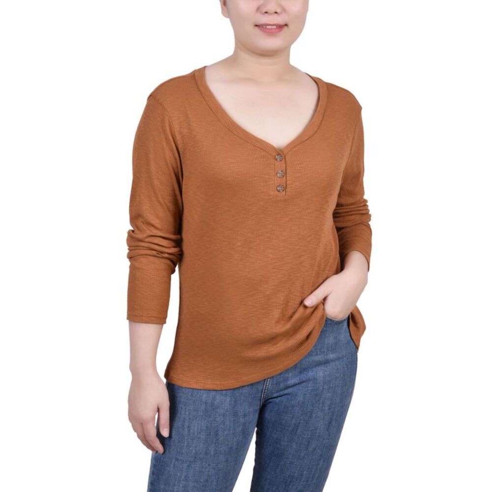 NY Collection Petite Long Sleeve Ribbed Henley Top